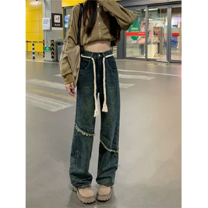 毛边做旧复古牛仔裤女2023春季新款小个子宽松高腰直筒阔腿拖地裤