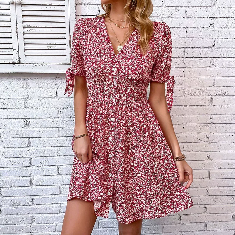 V Neck Floral Print Short Split Dress Summer Style Womens Casual Wear Wholesale Available privat