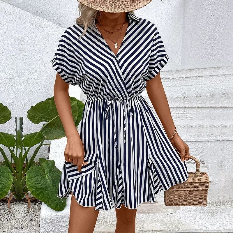 Ruffled Hem Striped Dress Waist Adjustable Shirt Collar Versatile Design Perfect for Casual Outi