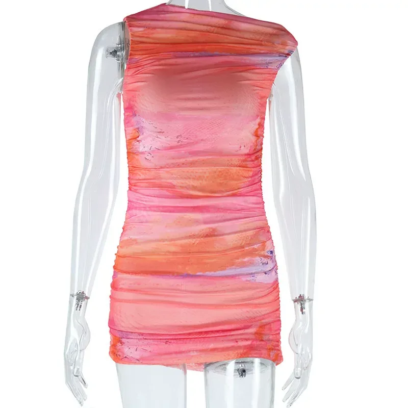 Fashionable Womens Floral Print Dress Sexy Round Neck Sleeveless Short Skirt Mesh Fabric Casual