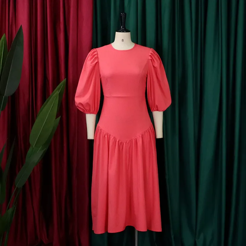 Plus Size Fashion Dress Ruffled Design Puff Sleeves Trendy Style Suitable for Casual Occasions W