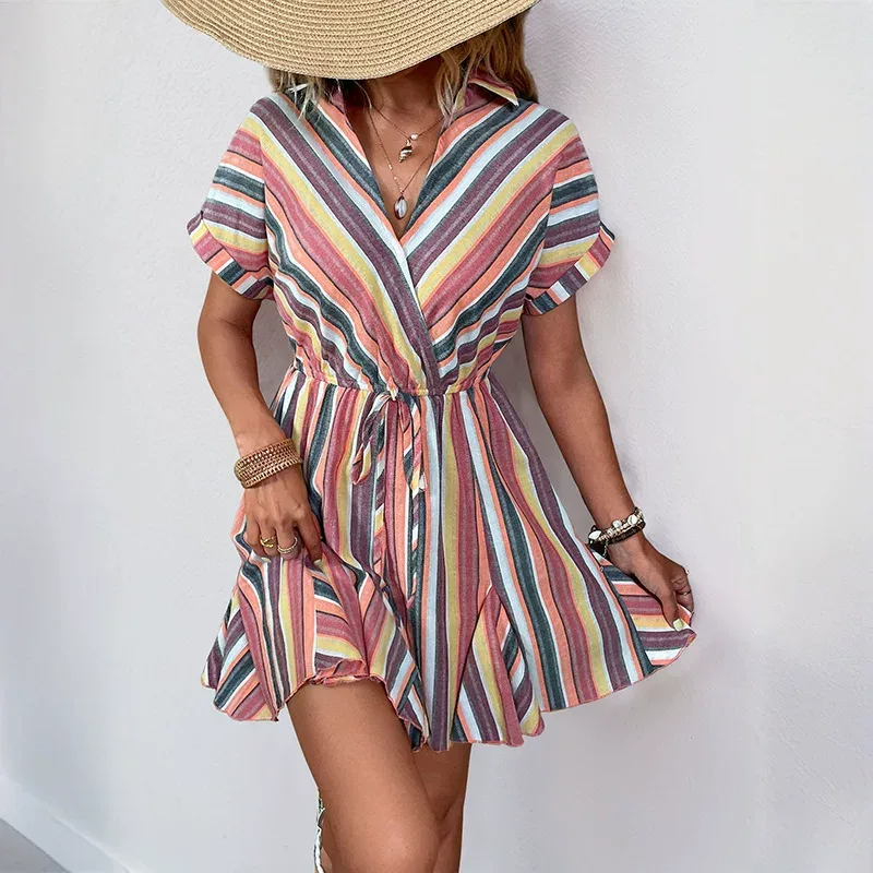 Casual Beach Vacation Dress Colorful Striped Design Shirt Collar Lightweight Fabric Summer Wear Wholesale Availa