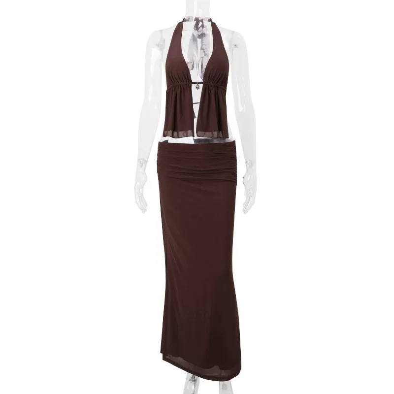 Halter Neck Cutout Top and High Waist Bodycon Skirt Set Sexy Design Spring Collection Womens Fas