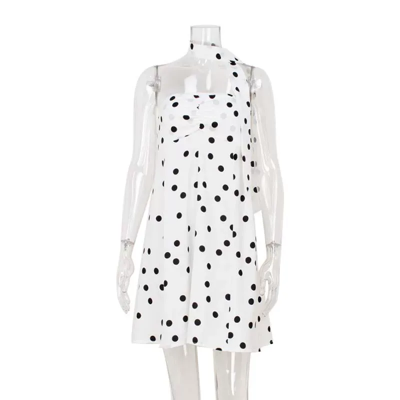 Chic Strapless Dress Elegant Loose Fit Polka Dot Print Stylish Neck Scarf Perfect for Parties an