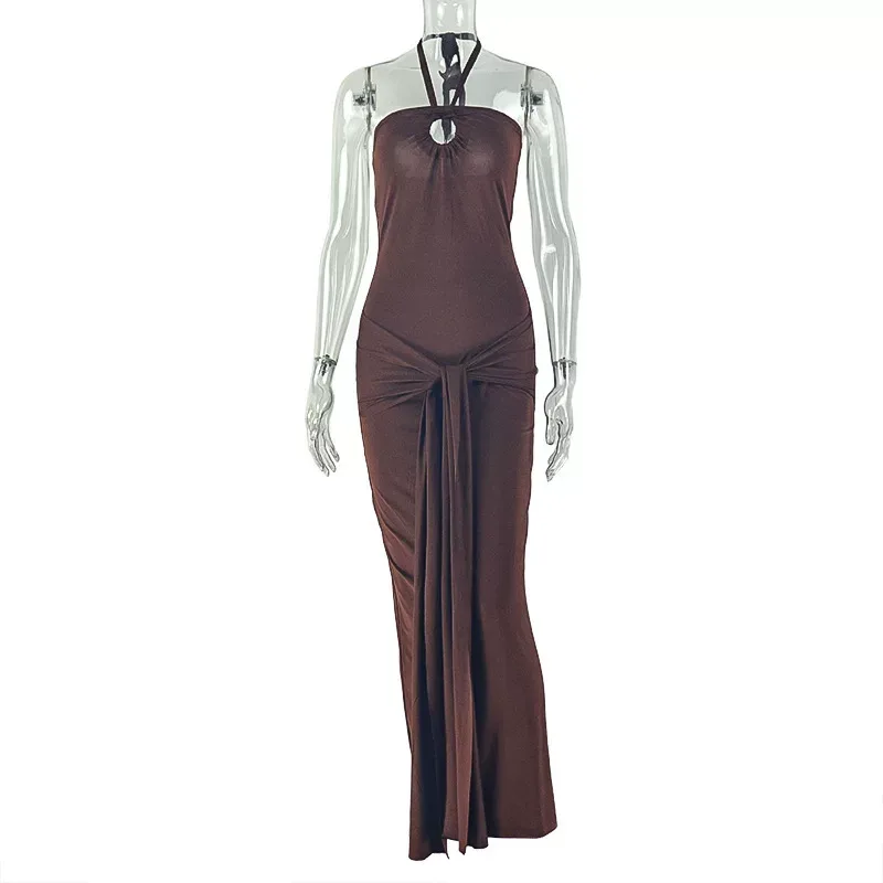 European Style Womens Sleeveless Long Dress Bodycon Fit Ruched Backless Solid Color Halter Neck