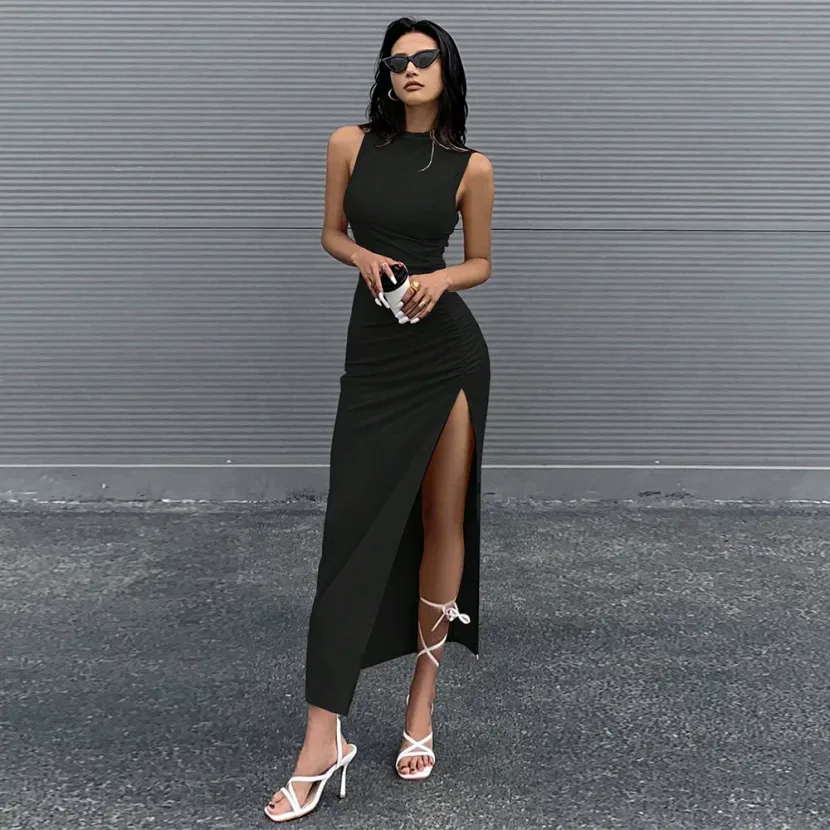 Sleeveless Round Neck Midi Dress Bodycon Fit Side Slit Summer Style Perfect for Casual Outings W