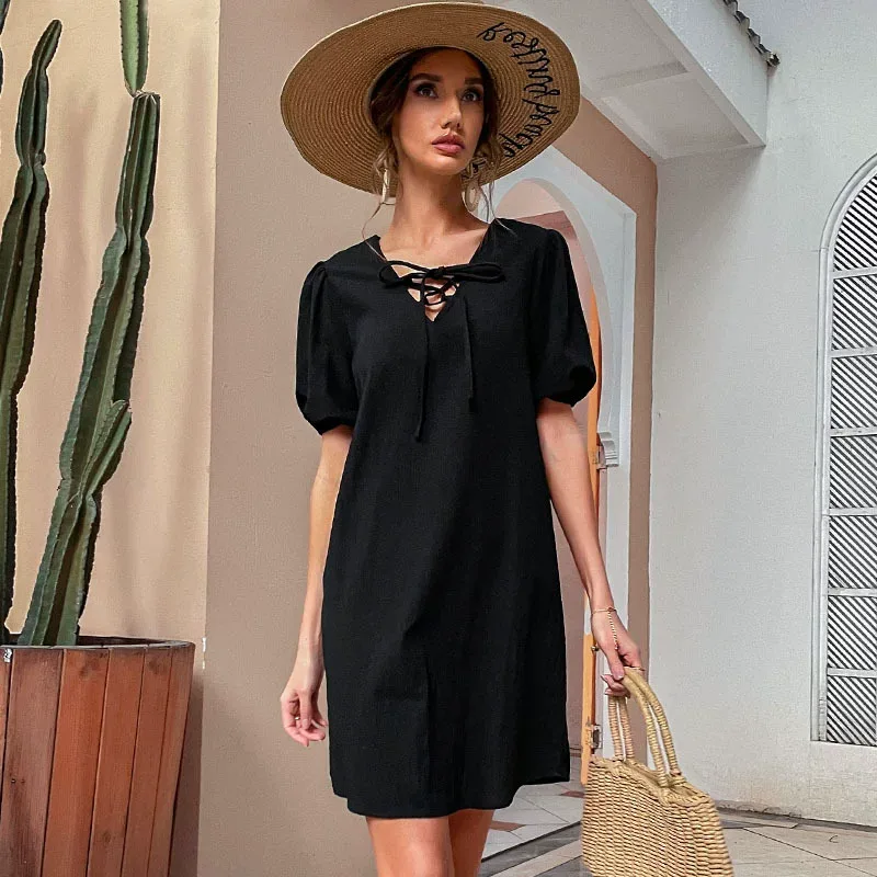 Summer Casual Loose Black Cotton Linen Dress Simple Retro Style Perfect for Everyday Wear Wholes