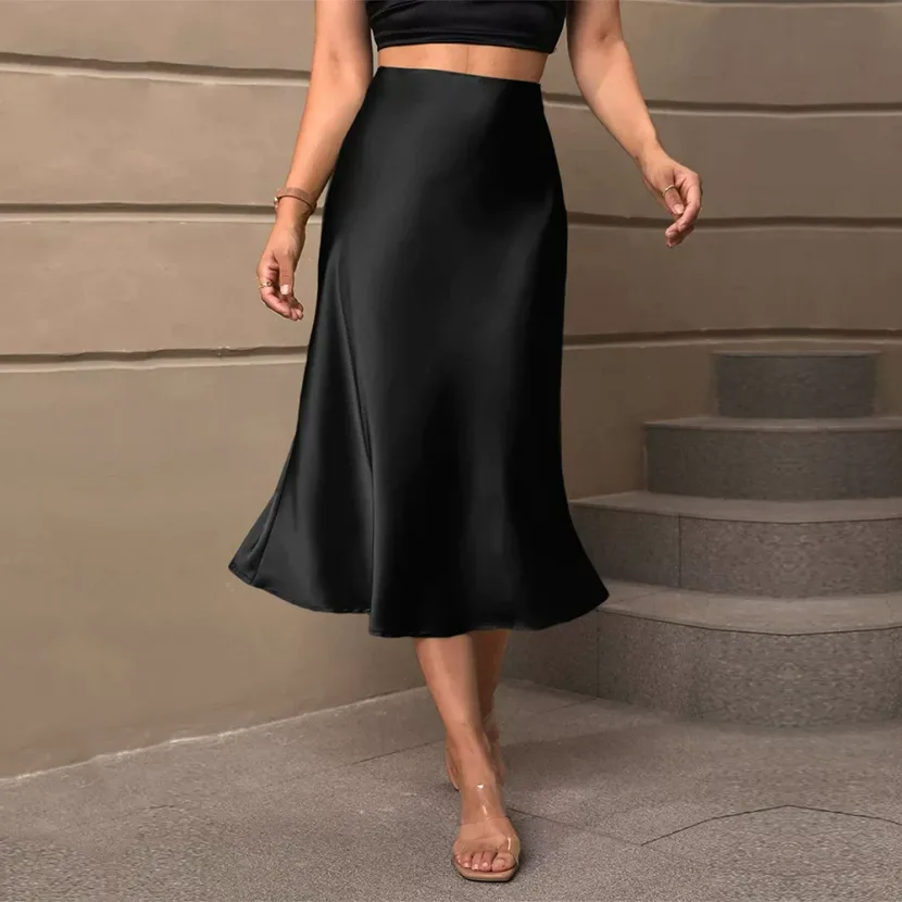 Elegant A Line Satin Midi Skirt Solid Color Autumn Winter Collection Perfect for Casual or Forma