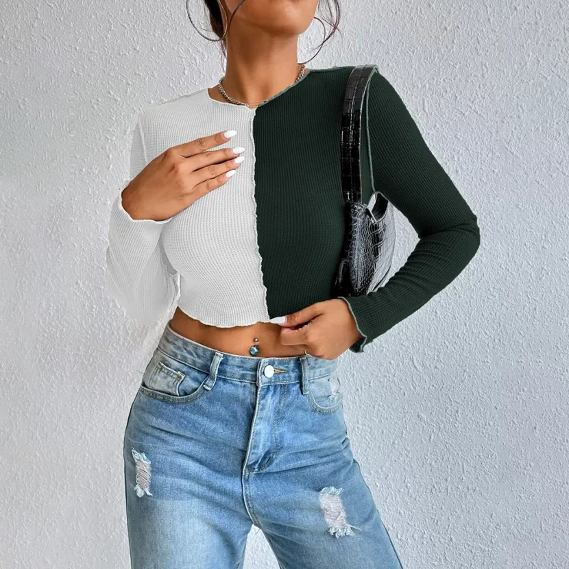 Color Blocked Waffle Knit Long Sleeve T Shirt Exposed Stitching Short Length Versatile Style Aut