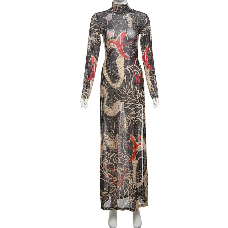 Womens Long Sleeve High Neck Top Fashionable Snake Print High Slit Design Spring Collection Whol