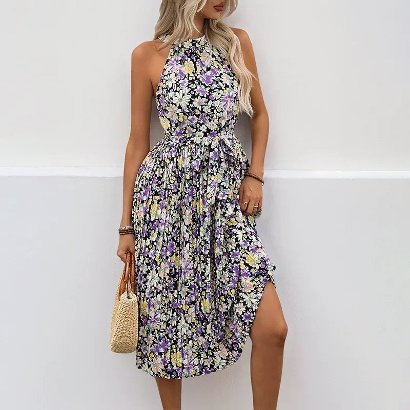 Elegant Black Pleated Halter Dress for Beach Vacation Womens Summer Fashion customizable