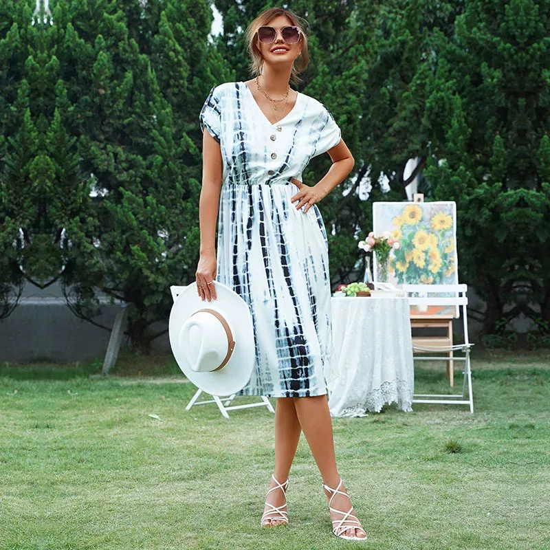 Vintage Floral Tie Dye White Dress Summer Style Bohemian Aesthetic Womens Fashion Wholesale Avai