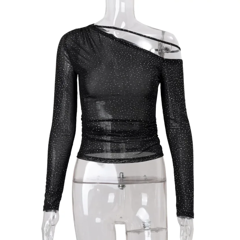 Y2K Style Womens Long Sleeve T Shirt Slim Fit Asymmetrical Shoulder Design Rhinestone Detail Spr