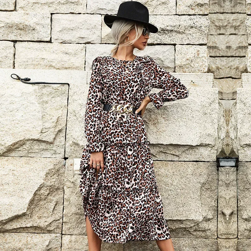 Vintage Leopard Print Ruffle Sleeve Long Sleeve Dress for Women in Apricot Autumn Winter Wholesale low MOQ