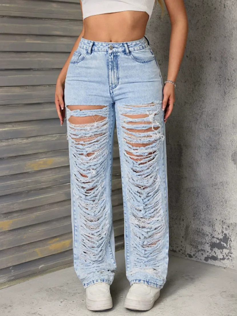 High Waisted Flare Jeans Ripped Design Stretch Fabric Casual Style Womens Fashion for Spring and