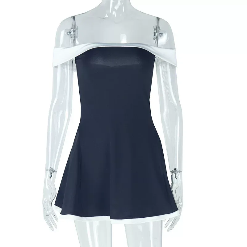 Black and White Color Block A Line Dress Fresh Backless Design Off Shoulder Short Sleeve Casual