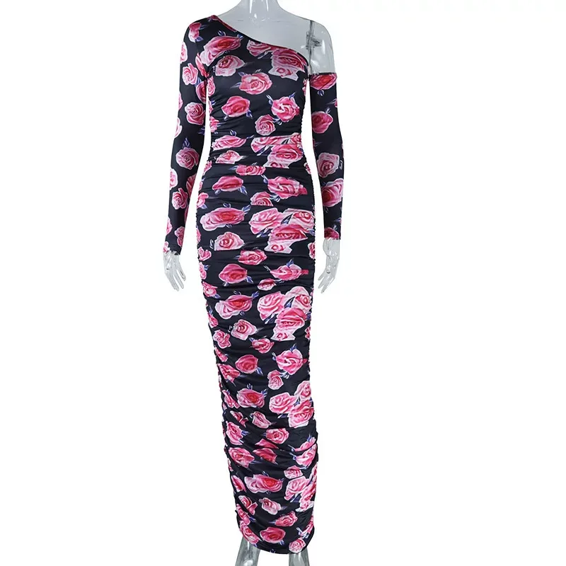 Asymmetrical Shoulder Long Sleeve Bodycon Dress Fashionable Floral Print Ruched Design Mid Lengt