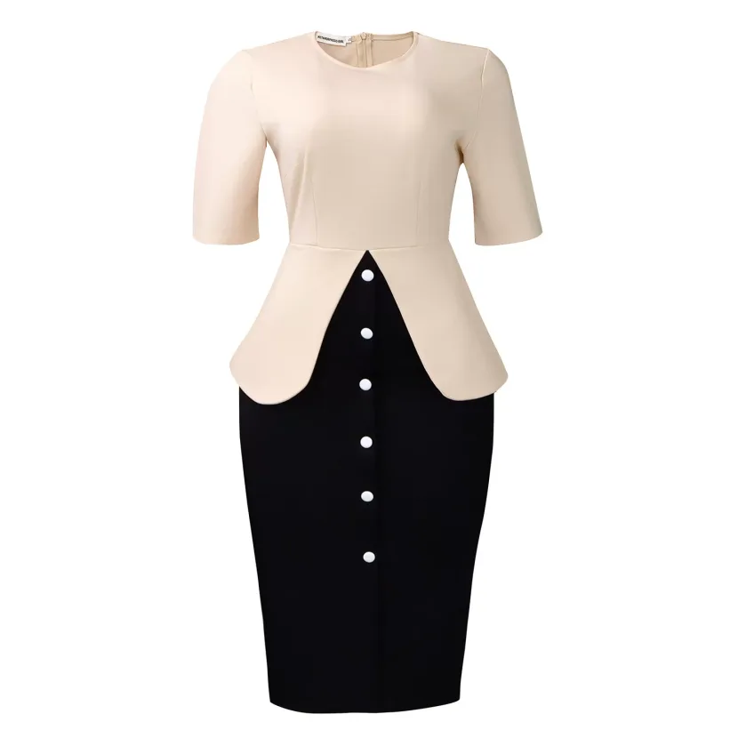 Elegant Round Neck Color Block Bodycon Dress Short Sleeve Fashionable Design Perfect for Parties