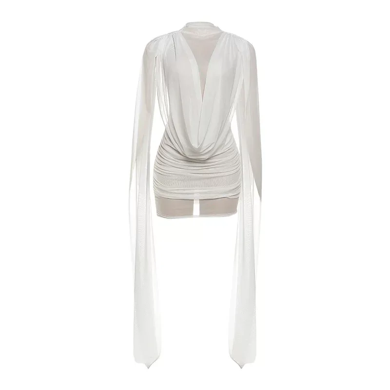 Fashionable Womens Bodycon Dress Sheer Mesh Ruffled Design Stylish Tie Details Perfect for Autum