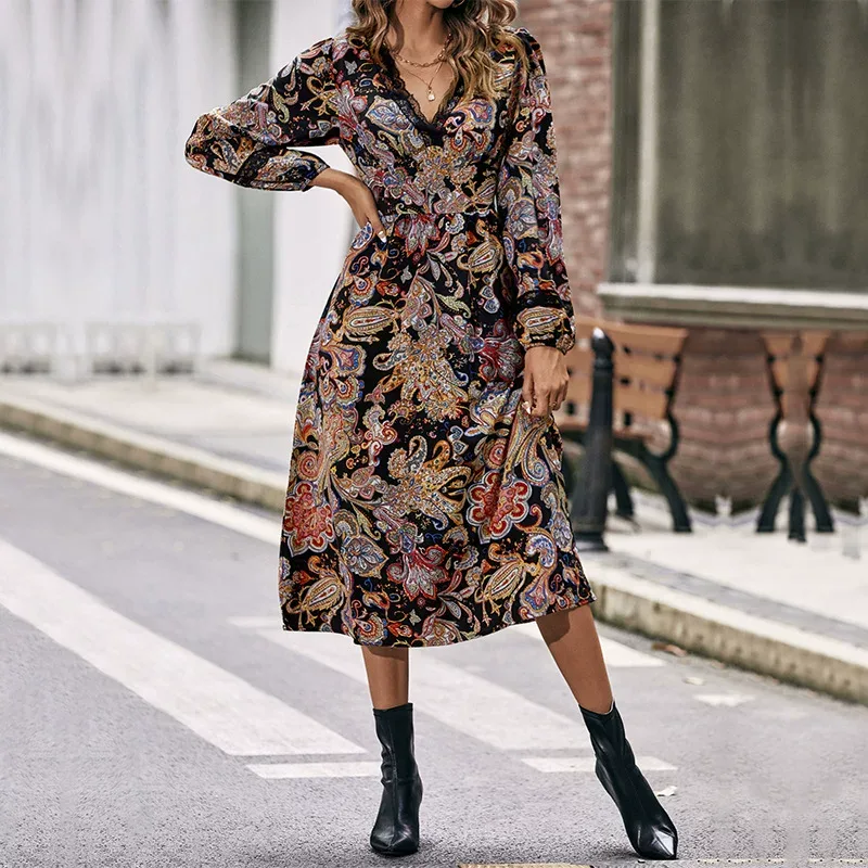 V Neck Floral Long Sleeve Dress Elegant Design European and American Style Perfect for Casual or
