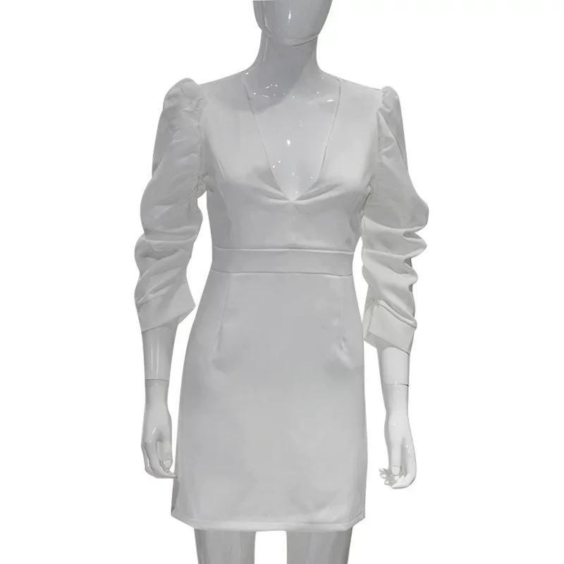 French Vintage Style White Deep V High Waist Backless Dress with Puff Sleeves Elegant Office Wea
