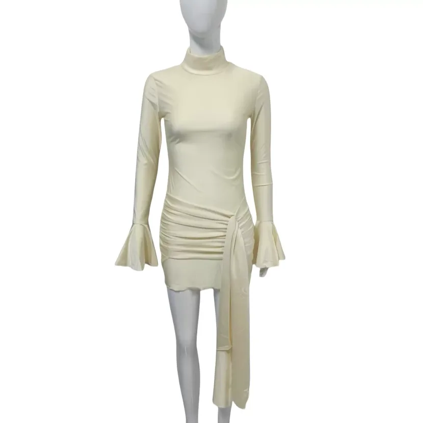 Fashionable Solid Color Bodycon Dress High Neck Flared Sleeves Slim Fit Casual or Evening Wear W