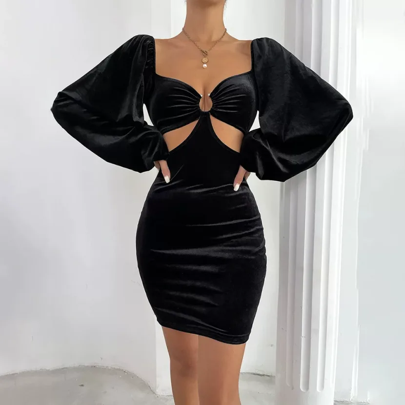 Velvet Bodycon Dress Sexy Hollow Out Design Slim Fit Puff Sleeves Elegant Style Perfect for Part