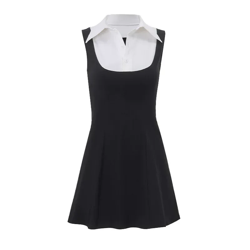 Womens Color Block Sleeveless Dress Sweet Style Collared Design Slim Fit Perfect for Autumn and