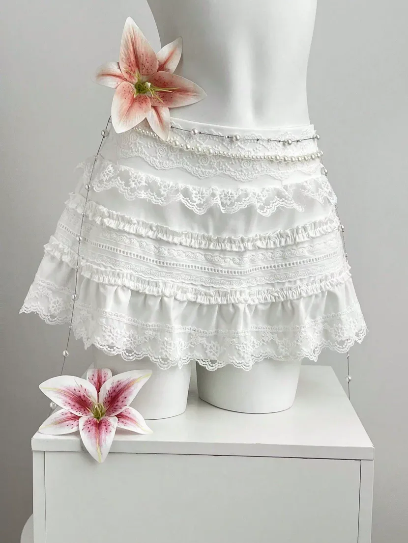 Summer Womens Ruffled Lace Trim Mini Skirt Low Waist Lightweight Fabric Elegant Design Ready to