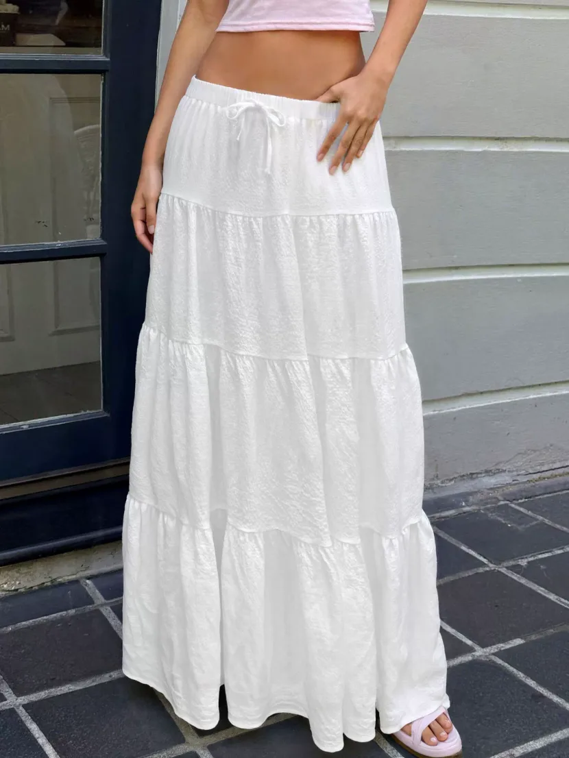 White Ruffled Drawstring Maxi Skirt Sweet Style Flowy Design Summer Wear Wholesale Womens Fashio