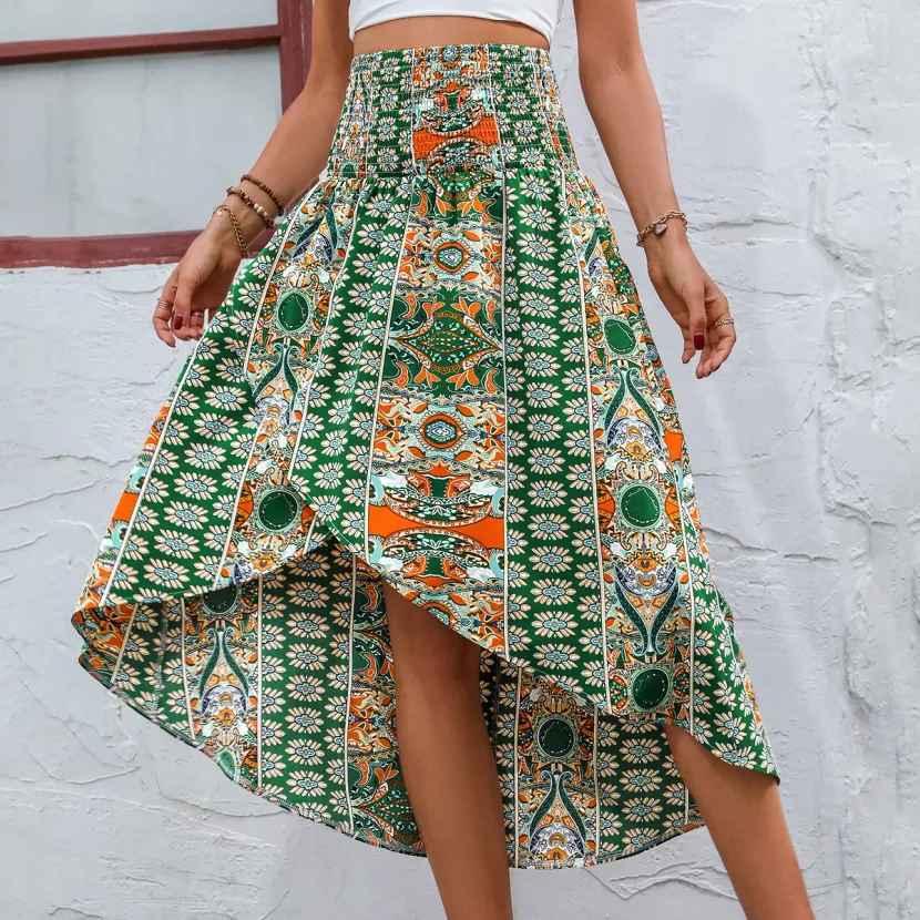 Vintage Floral Asymmetrical Midi Skirt Lightweight Flowing Design Perfect for Spring Summer Occa