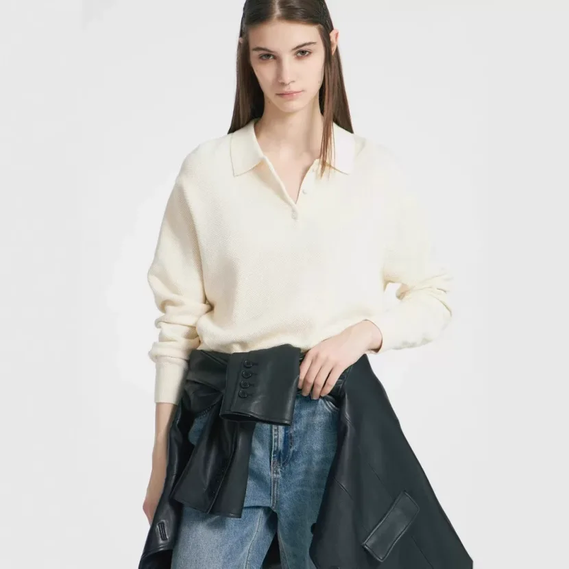 Womens Solid Color Polo Neck Sweater Casual Knit Pullover Versatile Style for Autumn and Winter