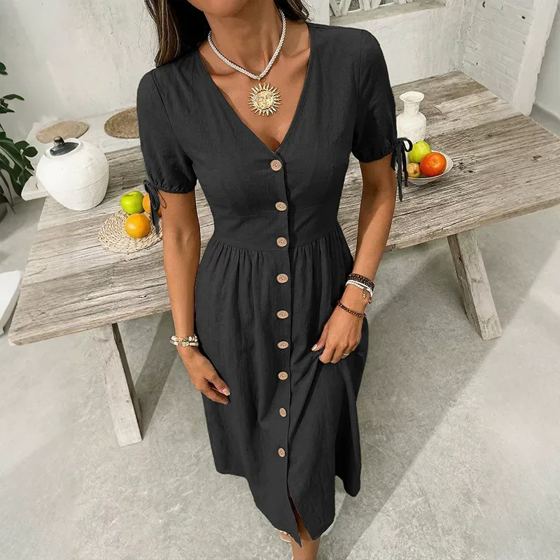 Summer Casual V Neck Short Sleeve Dress Solid Color Beach Vacation Style Wholesale Available OEM
