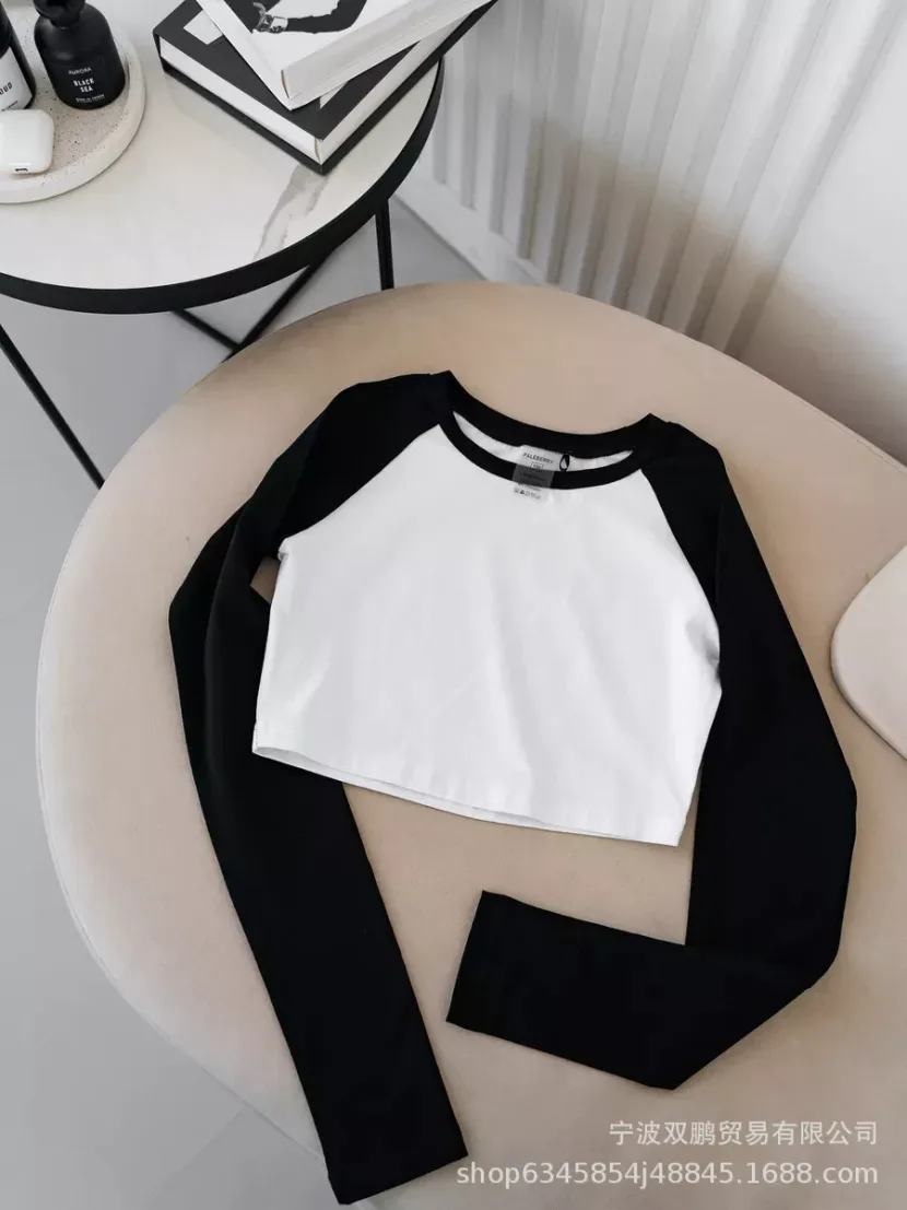 Long Sleeve Cropped T Shirt Slim Fit Color Block Raglan Sleeve Knit Fabric Casual Wear for Autum