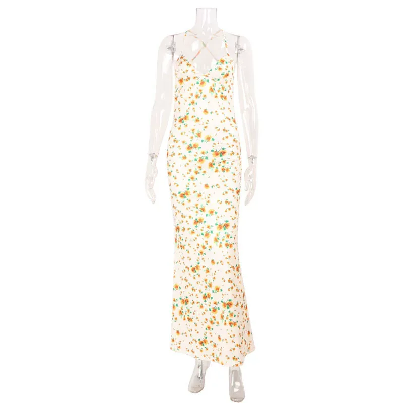 Floral Maxi Dress Slimming Fit Deep V Neck Sleeveless Elegant Spring Summer Vacation Wear Wholes