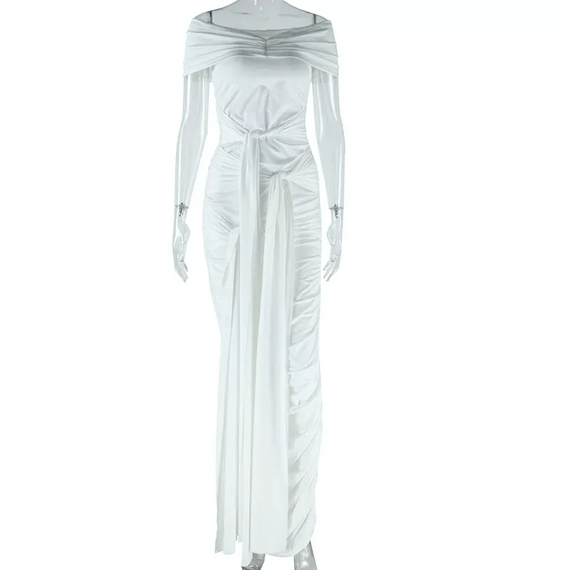 Womens Elegant Solid Color Dress Off Shoulder Split Hem Flowing Ribbons Casual or Party Wear Who
