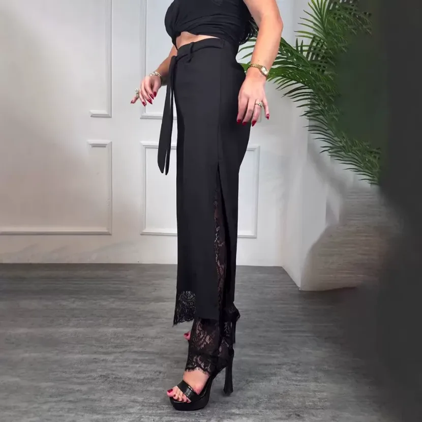 Lace Panel Casual Long Pants for Women Solid Color Adjustable Tie Comfortable Fit Spring Fashion Wholesale Available Lace Panel Casual Long Pants for Women Solid Color Adjustable Tie Comfortable Fit Spring Fashion Wholesale Available