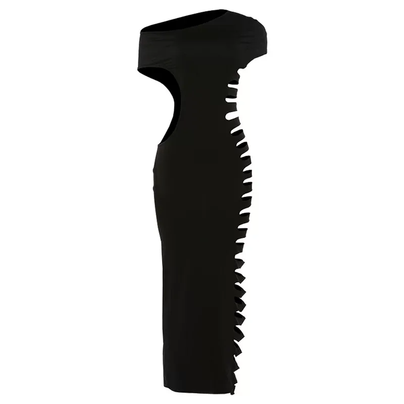 Sleeveless Bodycon Dress Fashionable Solid Color Hollow Out Design Asymmetrical Shoulder Spring