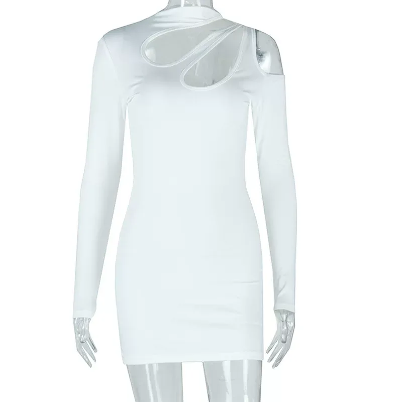 Fashionable Womens Bodycon Dress Solid Color Hollow Out Off Shoulder Long Sleeve Stand Collar Ev