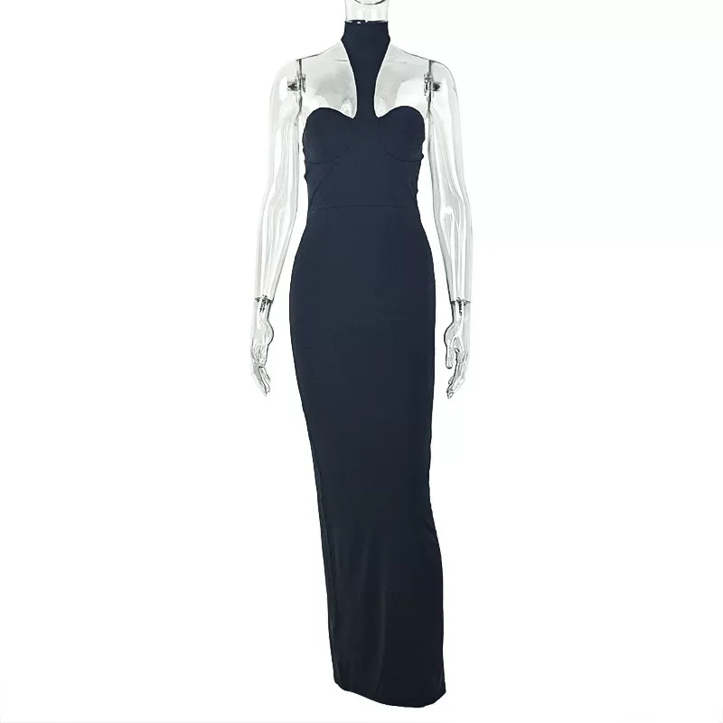 Elegant Womens Backless Bodycon Dress Solid Color Halter Neck Slim Fit Chic Style Perfect for Pa