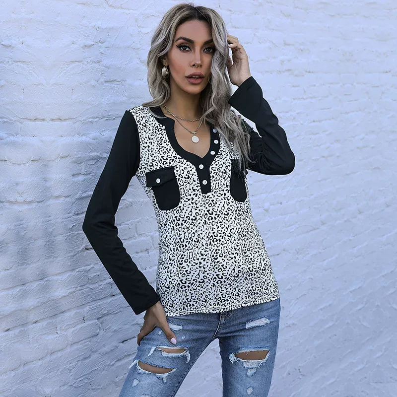 Long Sleeve Leopard Print Black T Shirt Slim Fit Casual Style Comfortable Fabric Perfect for Eve