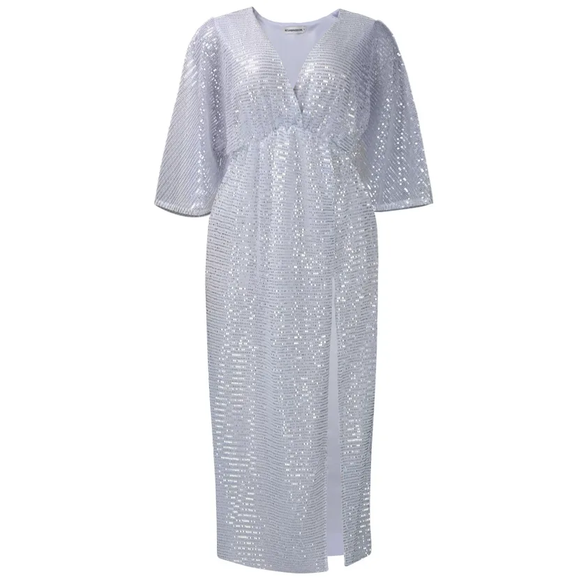 Plus Size Womens Long Dress Loose Fit V Neck Fashionable Sequins Side Slit Autumn Collection Who