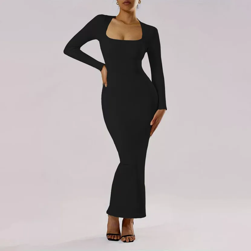 Elegant Bodycon Midi Dress Square Neck Long Sleeve Ankle Length Slim Fit Autumn Winter Fashion W