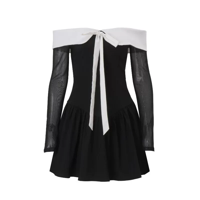 Cute Bow Tie Dress Color Block Design Doll Collar Short Length Autumn Fashion for College Style
