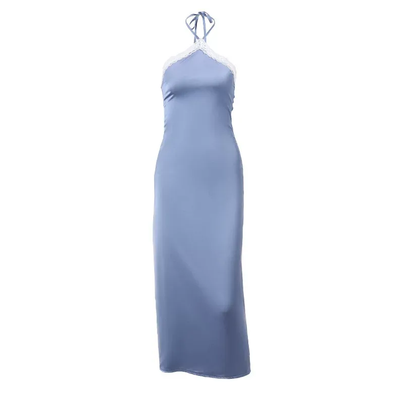 Off Shoulder Satin Midi Dress Slim Fit Spliced Design Elegant Backless Autumn Fashion for Women
