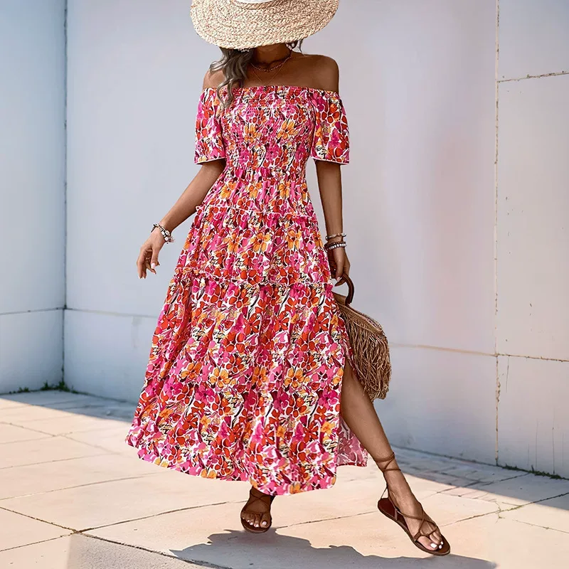 Bohemian Floral Print Dress Off Shoulder Puff Sleeves Elegant Design Perfect for Summer Events W