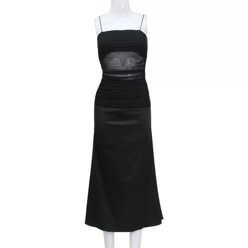 Elegant Long Split Dress French Style Mesh Splicing Slim Fit Sleeveless Perfect for Evening Even