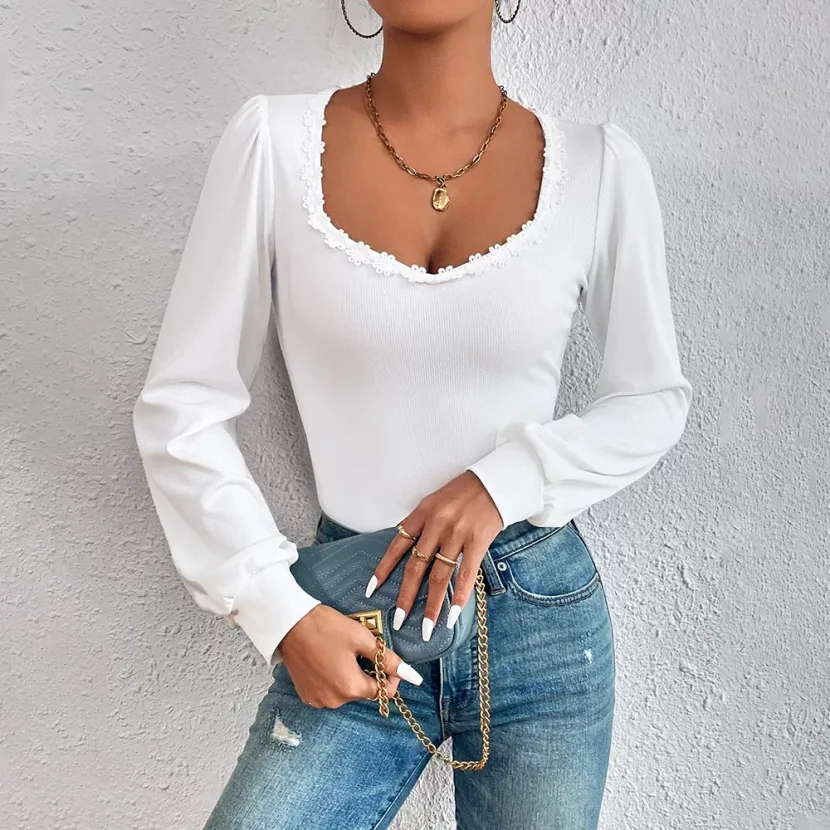 Womens V Neck Puff Sleeve T Shirt Slim Fit Lace Trim Fashionable Versatile Spring Summer Style W