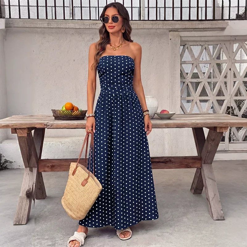 French Style Sleeveless Maxi Dress Polka Dot Design Elegant Vacation Wear Perfect for Summer Eve