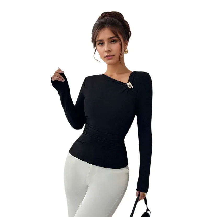 Asymmetrical Neck Long Sleeve Blouse Pleated Design Slim Fit Elegant Style Perfect for Spring an